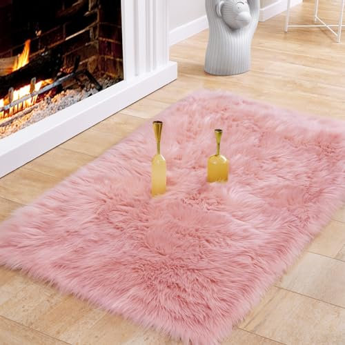 Ciicool Flauschiger Kunstfell-Teppich für Schlafzimmer, waschbar, Kunstfell-Teppich für Sofa, Couch, Sitzkissen, dick, zottelig, pelzig, Bodenteppiche für Bett, Wohnzimmer, Rosa, 6 x 122 cm