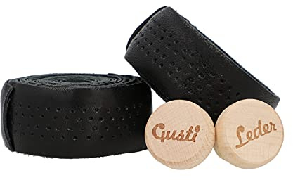 Gusti Echtleder Lenkerband Fahrrad - Fausto C. 200 cm Griffband Griff Bartape Fahrradzubehör Rennrad inkl Korken Lederband Lenker Schwarz