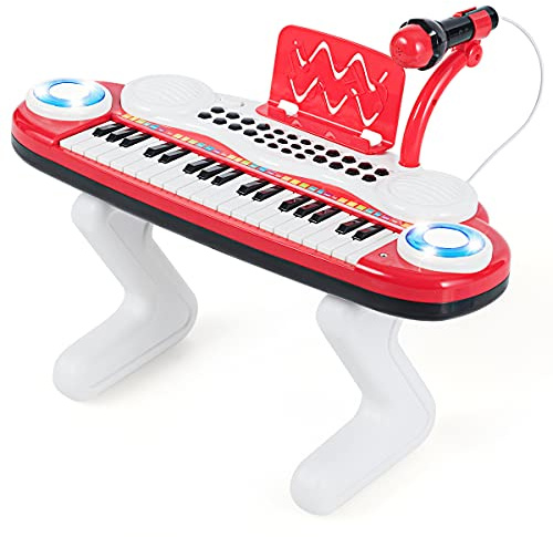 DREAMADE Piano Numérique pour Enfants 37 Touches, Clavier Électronique pour Enfants avec Microphone,Fonction d'Enregistrement et de Lecture,Effets d'Éclairage&Accessoires Abondants (Rouge)