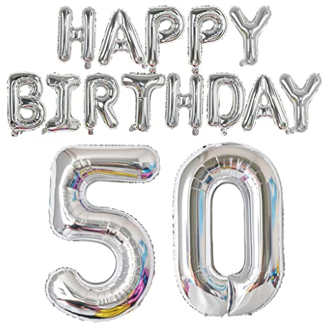 Happy Birthday Balloon Banner 40 inch 50 Balloon Number 16 Inch Happy Birthday Letters Balloons Silver Foil Mylar Balloons for Women and Man 50th Birthday Decorations Party Supplies