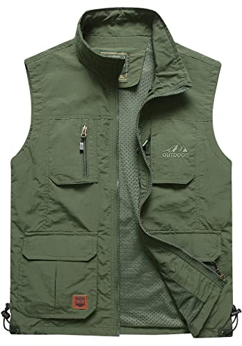 Yukirtiq Hombre Chaleco de Pesca Ligero Chaleco Sin Mangas de Secado Rápido Transpirable Chaleco de Trabajo con Bolsillo Múltiple para Senderismo Caza, Verde, XXL