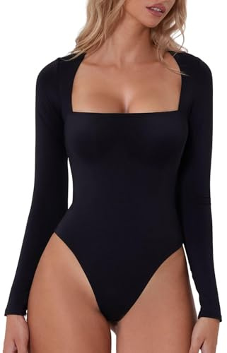 QINSEN Black Bodysuit for Women Square Neck Long Sleeve Bodycon Shirt Tops L