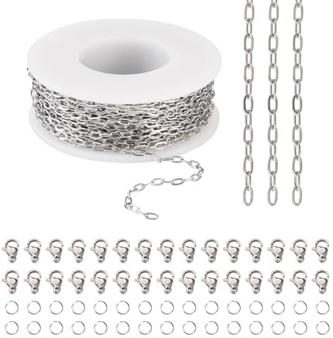 Bestewelry Catene a maglie ovali saldate in acciaio inox 304, 10 m, con chiusura a moschettone, anelli di salto per la creazione di collane e gioielli