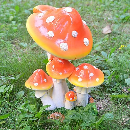 MFAOSHI Pilz Skulptur Deko 35CM Pflanzen Feenhaus Herbstdeko Garten Figur Wasserfestes Harz Handgefertigt Ornamente für Rasen,Orange