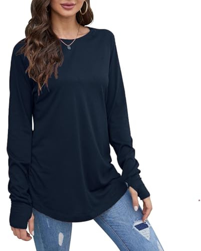 Dyhxuan T-shirt à manches longues pour femme - Pull long en coton avec trou pour le pouce - Simple - Couleur unie - Chemisier à manches longues - Chemisier décontracté à col rond - Chemisier long -