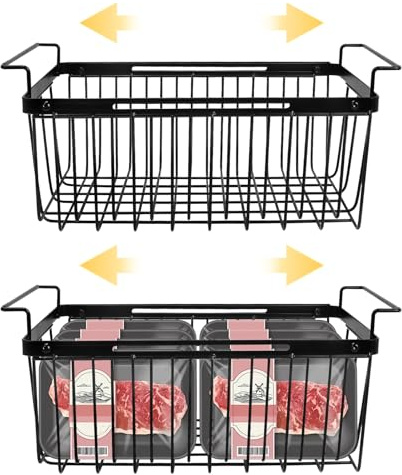Uppgraderade frysförvaringslådor, 2-pack utdragbara lådor, universella hängande korgar med handtag för kista och frys, lättare att ta med, lägg till utrymme, kylskåpsförvaring behållare för kök