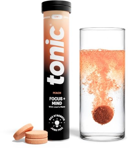 Tonic Health Focus + Mind Tablets - Lion’s Mane, L-Tyrosine and B3, Rhodiola Rosea for Mental Clarity, No Sugar Effervescent Tablets (20 Count (Pack of 1), Peach)
