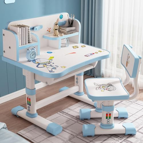 Aislerbee Juego de escritorio y silla para niños con corrección de asiento, silla ergonómica con soporte para libros, pedal y divisor (azul B)