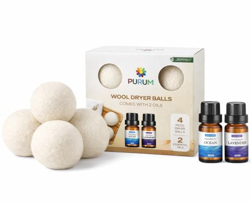 Purum Organic Wool Dryer Balls (4 Pack) - Comes with 2 Scented Essential Oils | Lavender & Ocean Breeze | Luxury New Zealand Wool