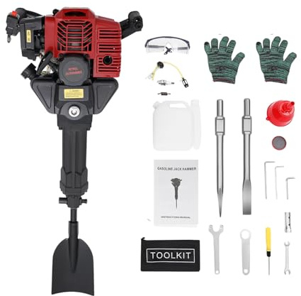 LENJKYYO 52 CC trädgårdsträd grävmaskin bensin, 2-takts rivningshammare med 3 mejslar och spade, 1 900 W bensingrävmaskin, grävfräs, handgjord rivningshammare för trädstumfräs jordhålsborr