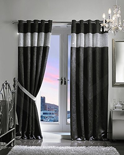 viceroy bedding PAIR OF VELVET STYLE DIAMANTE THERMAL BLACKOUT Eyelet Ring Top Curtains Including Pair of Matching TIE BACKS (66'' x 72'', Black)
