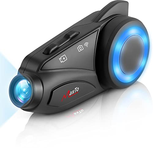 MAXTO Intercomunicador Casco Moto Bluetooth con cámara de 1080p HD, M3 actualizado 360 ° Clip Ajustable, Sistema Comunicación 6 Motoristas 3280FT, Tránsito WiFi/Radio FM,IP65 Impermeable