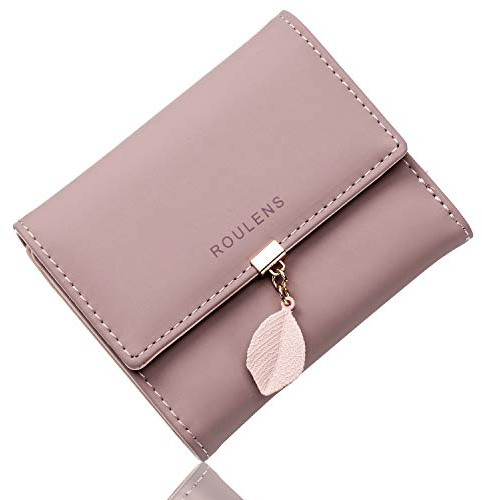 Roulens Geldbörse für Damen, Geldbörse aus Kunstleder mit RFID-Blockierung, Geldbörse mit Druckknöpfen in Blattform, A/Dunkelrosa, Klein, Exquisit