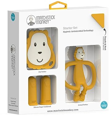 Matchstick Monkey Beißring Starter Set 3 teilig - Baby Zahnungshilfen - für wundes Zahnfleisch - Silikon - BPA-Frei - Tiermotiv, Gesicht, Fingerzahnbürsten (Ludo Löwe)