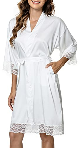 Tuopuda Bademantel Damen, Satin Kimono Morgenmantel Sommer, Nachthemd Spitze mit Taschen Kurz Robe mit Gürtel Blumenspitze Nachtwäsche Sleepwear für Party Hochzeit Braut Brautjungfern, Weiß, L