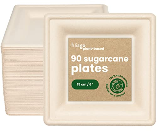 HAAGO 90 Assiette en Canne à Sucre, Assiettes Jetables, Petites Assiettes Jetables, Compostable à la Maison - Alternative aux Assiettes en Plastique - Assiettes Jetables Carrées - 15cm/6