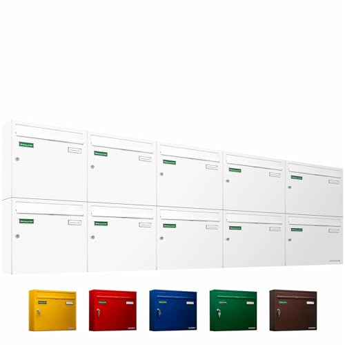 AL Briefkastensysteme Basic 10er Briefkasten RAL 9016 Verkehrs Weiss 10 Fach DIN A4 wetterfest Briefkastenanlage mit Posthaltebügel und 2 Namensschildern