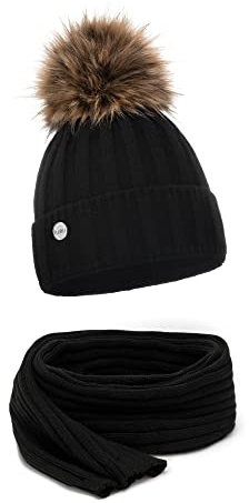 ELIMELI Kaschmir Mütze Damen Winter warme Strickmütze Wollmütze mit Kaschmir Wintermütze mit Kunstfell Bommel Slouch Strick Beanie Damen für Winter Bommelmütze Hergestellt in EU