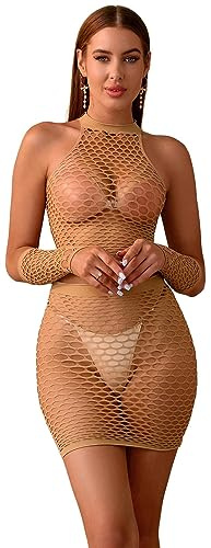 Bommi Fairy Lingerie Dessous Femme Résille Filet Bodysuit Tenues Ensembles Exotiques Haut Résille + Jupe Portefeuille + Chaussettes Sexy pour les Mains Tenue de Soirée Mini Robe Évidée, amande, XS-XXL