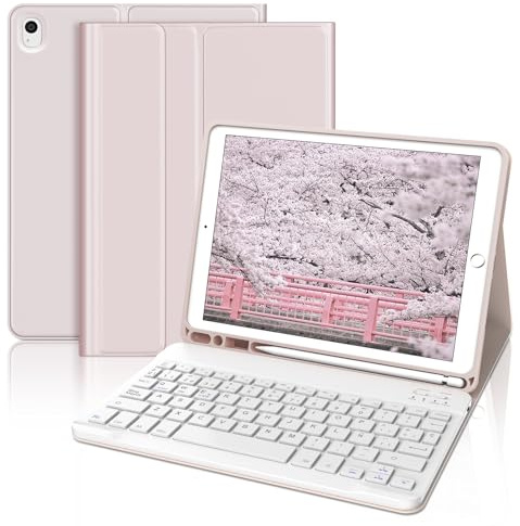 Funda con Teclado para iPad 9a Generación 10.2, Teclado Bluetooth Desmontable con Funda y Portalápices para iPad 9a Gen 2021/8a Gen 2020/7a Gen 2019/iPad Pro 10.5 2017 y iPad Air 3 2019, Rosa