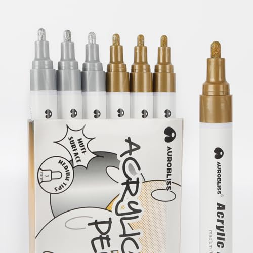 Aurobliss Stifte Gold Silber 6Stück, 2-3MM Metallic Stifte Wasserfest für Stoff, Holz, Glas, Schwarzes Papier, Grabstein, Gästebuch