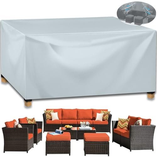 Large Garden Furniture Cover, Garden Table Cover 420D Heavy Duty Oxford Outdoor Patio Rectangular Cover Windproof, Waterproof&Anti-UV for Chair and Table Rattan Sofa Cover, Grey (250x210x90cm)