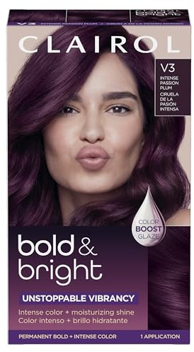 Clairol Bold & Bright Permanent Hair Dye, V3 Intense Passion Plum Hair Color | Intense Vibrancy + Moisturizing Shine | Includes Color Boost Glaze to Amplify Color Anytime | Pack of 1