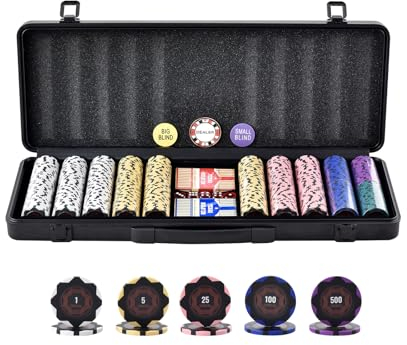 VEVOR Pokerchip-Set, 500-teiliges Pokerset, Clay Komplettes Pokerspielset mit ABS-Pokerkoffer, Karten, Knöpfe und Würfel, Komplett Set 9-10 Spieler für Texas Hold'em, Blackjack, Glücksspiel usw.