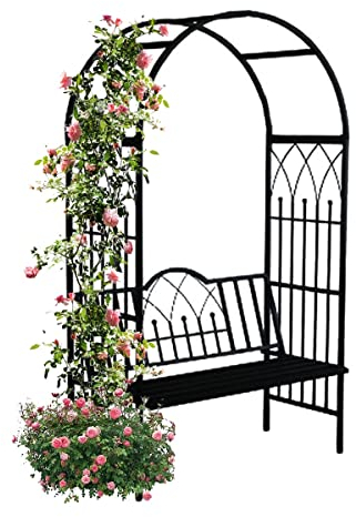 Gartenbogen mit Sitz für 2 Personen, Metalllaube, Spalier, Laube, Torbogen mit Bank zum Klettern, Gartenarbeit, Outdoor, Garten, Rasen, Hinterhof, Terrasse (Farbe: Schwarz)