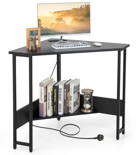 CASART Corner Computer Desk, Triangular Writing Desk with Power Outlet & Metal Frame, Space Saving PC Laptop Table Workstation for Home Office Bedroom Living Room (Black, Without Keyboard Tray)
