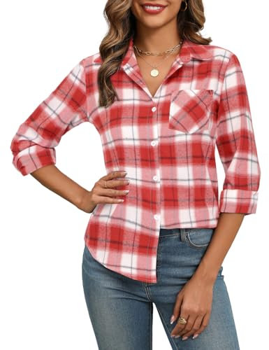 Zeagoo Women's Checked Shirts Casual Plaid Shirt Long Sleeve Blouse Elegant V-Neck Button Down Shirt Basic Tunic Tops Red White XXL