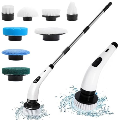 Hqynss Electric Spin Scrubber, Cordless Scrubbing Brush with 8 Brush Heads, Extendable Long Handle Rechargeable Cleaning Brush, USB-C Charging, for Floor, Tile, Bathroom, Kitchen, Shower Tub