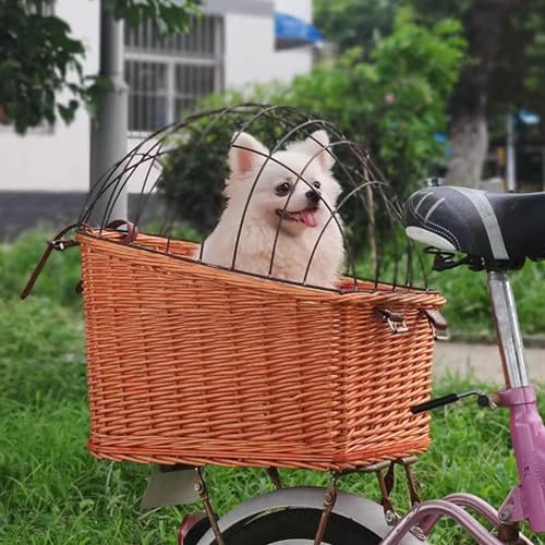 Fahrradkorb für Haustiere – Hinterer Weidenkorb für Katzen und Hunde – Fahrrad-Tragetasche mit Drahtgitterabdeckung – Heckmontagekorb für Haustiere
