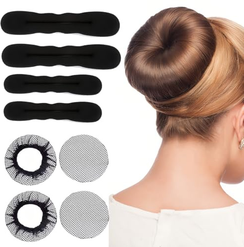 NJCXOLA 4 PCS Accesorios Pelo Mujer y 4 piezas de redecilla, Redecilla Moño Ballet Niña, DIY Moño Donas, Herramienta para Peinados Rápidos y Fáciles