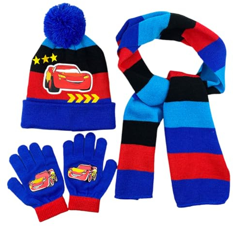 Car Pattern,Winter Hat Scarf with Fingers Gloves Set,Boys Winter Cold And Windproof 3 Piece Children's Ski Hat Set,Suitable for 2-8 Years Old Children