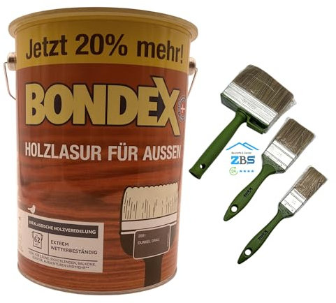 zbs24 Bondex Holzlasur für außen kiefer 4,8 Liter, inkl. 3-teiliges Pinselset, hohe Witterungsbeständigkeit, Intensivschutz vor Nässe