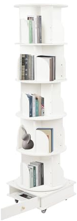 HarBin-Star Massivholz Drehbares Bücherregal, 360 Grad Bodenstehendes Bücherregal mit Räder, 5 Ebenen Multifunktionales Bücherregal Massivholz, Drehregal Büroregal, 46 x 173cm (Weiß)