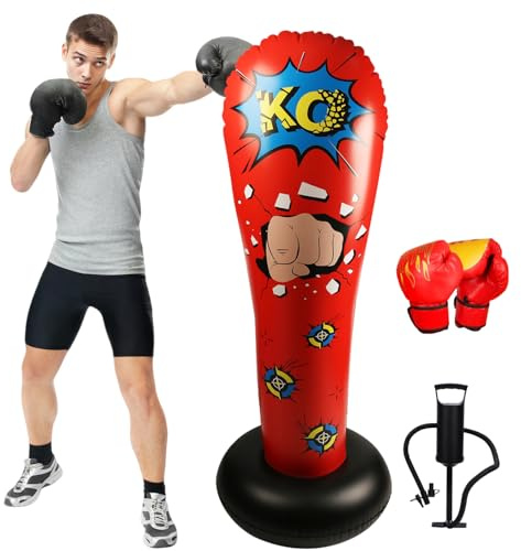 Boxsack Aufblasbarer mit Boxhandschuhen 160 cm, LncBoc Freistehende Boxtasche mit Pumpe, Freistehender Kickboxsäcke Boxposten, Kicking Punching Bag für die Ausbildung MMA Muay Thai Fitness Stressabbau