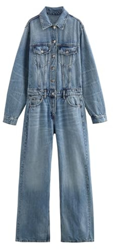 KWISUAWHGA Vintage-Jeans-Overall für Damen Langärmelig mit Knopfleiste Umlegekragen Lässiger Jeans-Overall in Voller Länge