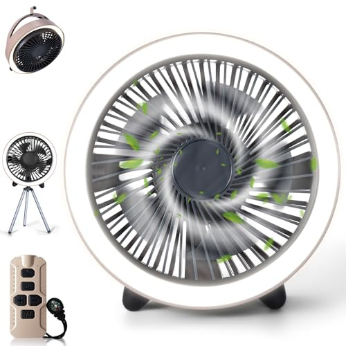 BXOXD Camping Ventilator mit LED & Fernbedienung 10400mAh, Wiederaufladbarer USB Ventilator mit Haken, Timer, Tischständer, Outdoor-Lüfter for Camping, Fishing, Power Outage, Hurricane, Travel