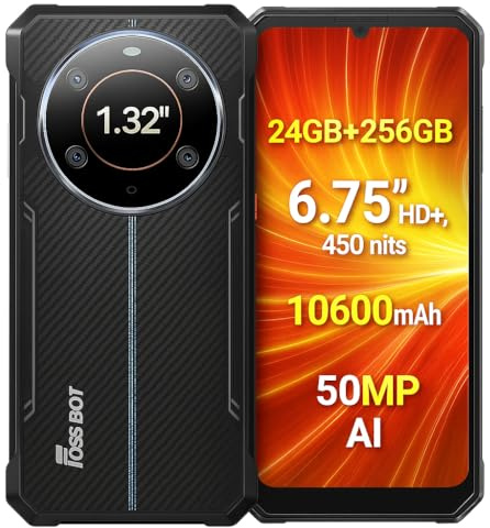 FOSSiBOT F109S Outdoor Smartphone, 24GB+256GB, 6,75'' HD+ Display, Innovatives Rückdisplay, 10600mAh Akku, 50MP AI-Dreifachkamera, IP68 Robustes Handy Ohne Vertrag, Android 15, Dual-SIM NFC Schwarz