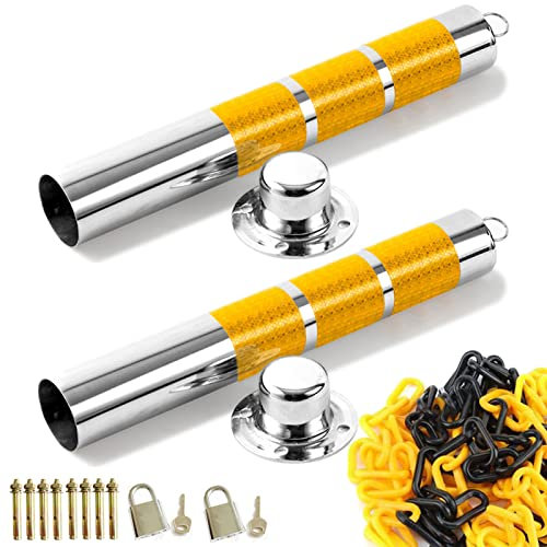 Barrière de sécurité pour poteau de signalisation avec bandes réfléchissantes - Base amovible - Barrière de stationnement avec chaîne en plastique - Poteau de borne en acier inoxydable