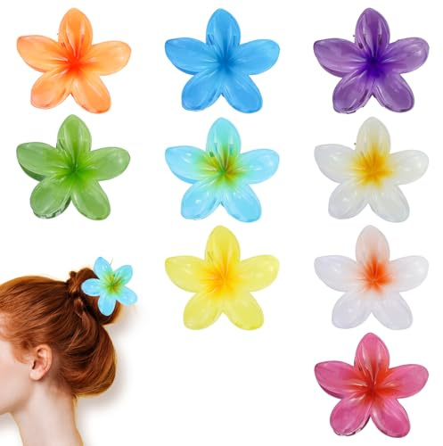 9 pinzas para el pelo de plástico con flores grandes, pinzas de flores coloridas hawaianas, bonitas cajas de cartón, pinzas para el pelo para mujeres y niñas, accesorios para el pelo de flores