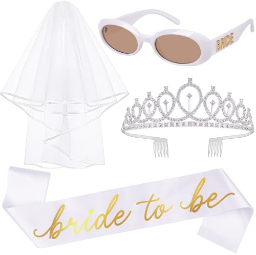 JUSTOTRY 4 Stück Junggesellenabschied Frauen Set,Braut Krone. Bride to Be Schärpe,Embroidered Schleier Jga und So Weiter für Jga Accessoires Frauen Geschenk Hochzeit