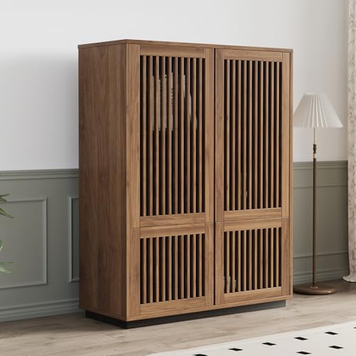 OLEYLUCKLIVE Modernes Highboard aus Holz mit Lamellentiren -Küchenschrank mit 4 Türen & 6 Fächern, großer Stauraum & Arbeitsfläche, Küchenbuffet Sideboard, 120x88x40 cm, Nussbraun