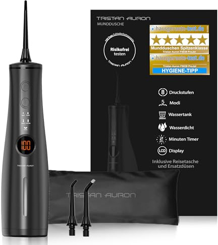 Tristan Auron Munddusche – 2 Ersatzdüsen und Reisetasche, 5 Modi, 8 Druckstufen inkl. Shoot Modus, 300ml Tank, LCD Display, USB-C Schnellladung, IPX7 - ProJet Water Flosser