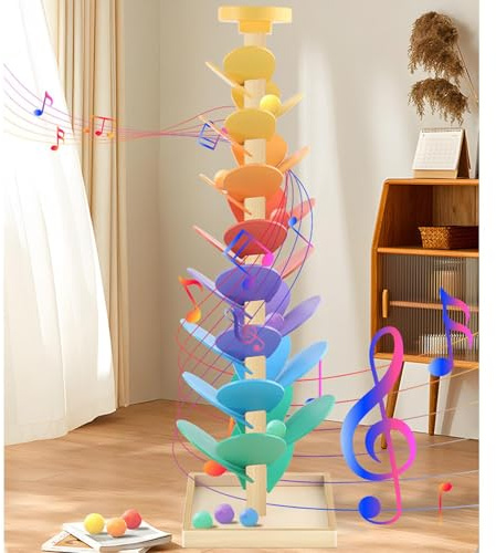 Klangbaum, Höhe 73cm, Regenbogen Kugelbahn Holz Ab 1 Jahr, Farbensortierung Lernspielzeug, Musikbaum Murmelbahn, Für Kinderzimmer Wohnzimmer Spielzimmer