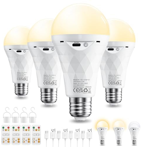 Ylatoial Bombilla LED recargable E27 con mando a distancia, paquete de 4, lámpara de exterior regulable, 2600 mAh