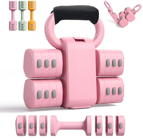 2-in-1 Set di Manubri & Kettlebell Regolabili, 4 Livelli Cambio Rapido (2.2 3.3 4.4 5.5 lbs), per l'Allenamento in Palestra Domestica Femminile, con Chiusura a Strappo Antiscivolo in Omaggio, Rosa.