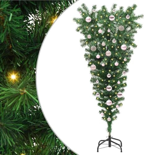 vidaXL Árbol de Navidad Artificial preiluminado invertido con Conjunto de Bolas, Sala, árbol Moderno al revés, Luces LED, decoración navideña única, Verde para Interiores